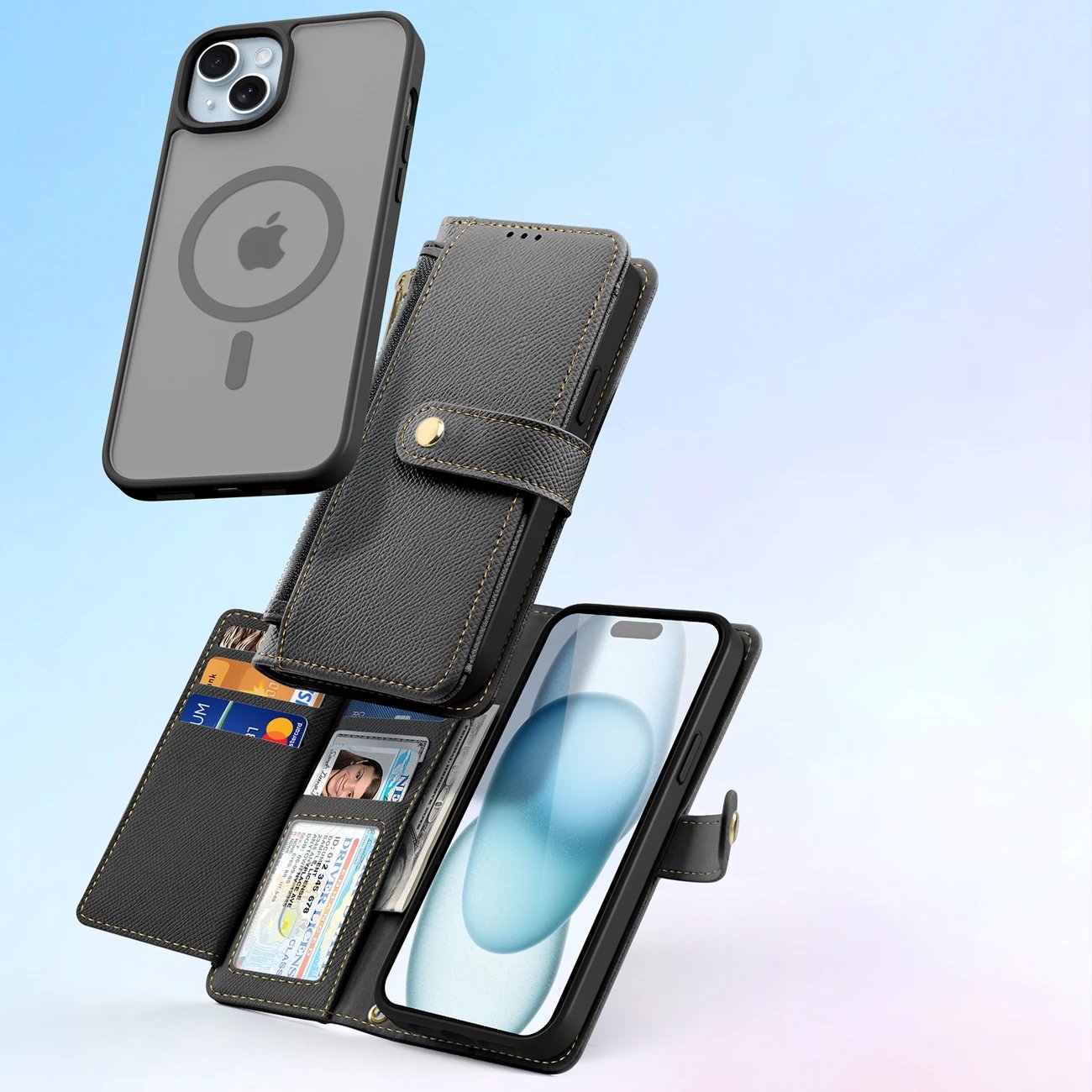 Mbështjellës Dux Ducis Lawa për iPhone 15, lëkurë, me portofol magnetik, e zezë