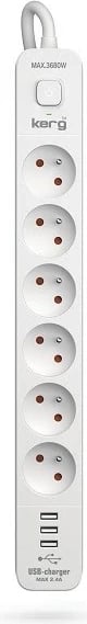Shirit rryme KERG me ndërprerës qarku, 6 priza, 3 USB, 16A, 1.5m, Bardhë