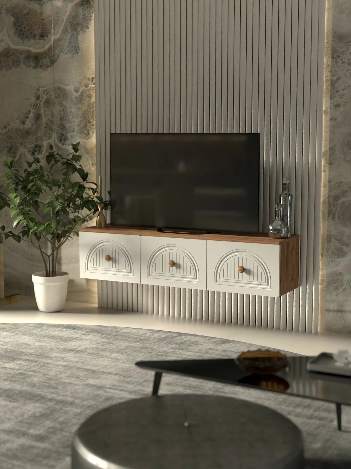 Komodë TV Skye Decor, Modena 135, ngjyrë Atlantic Pine dhe e bardhë