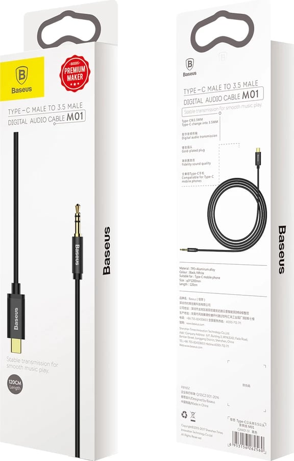 Kabllo audio Baseus CAM01-01, 1.2m, USB Type-C në 3.5mm, e zezë