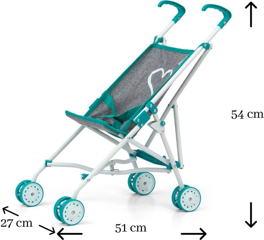 Karrocë golf për kukulla, Milly Mally Julia Prestige, për kukulla deri 50 cm, strukturë metalike, palosje ombrellë, turkeze