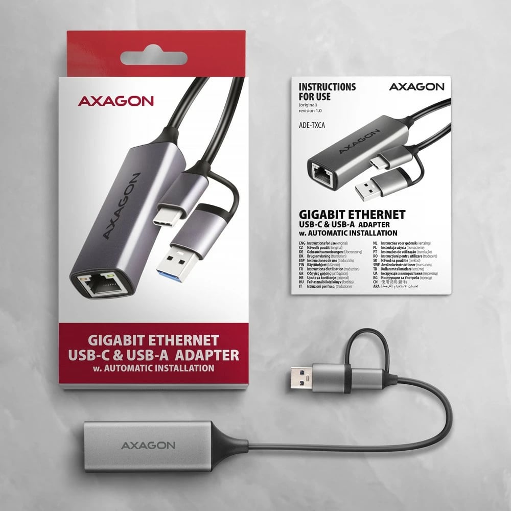 Adapter rrjeti AXAGON ADE-TXCA, USB-C/USB-A, Gigabit Ethernet, 3.2 Gen 1, Gri
