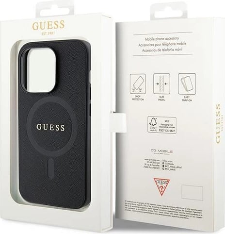 Mbështjellës Guess GUHMP15LPSAHMCK për iPhone 15 Pro 6.1", Saffiano MagSafe, zi