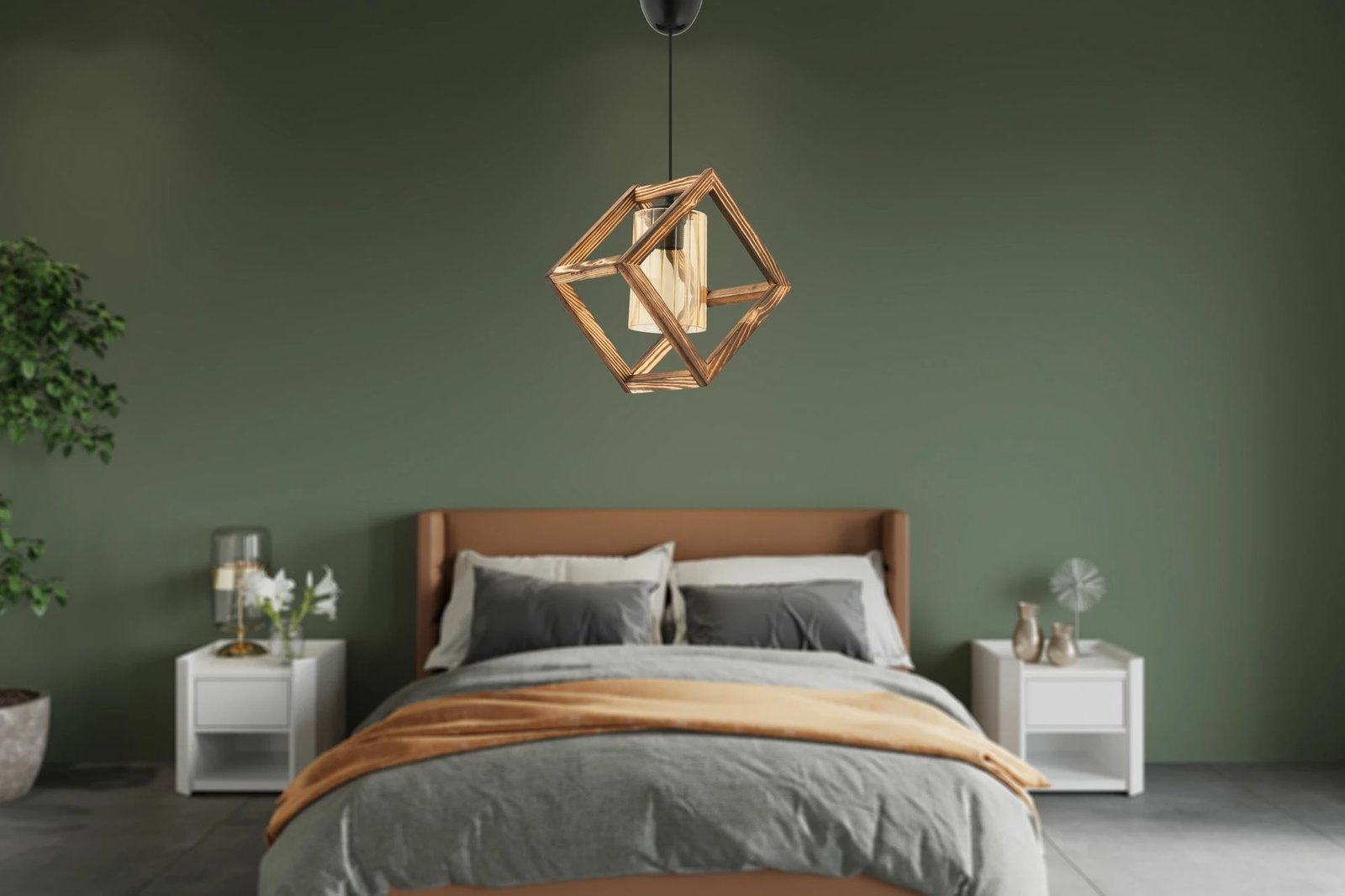 Llambë tavani Opviq, kub, xham i vetëm, dru natyral, e zezë