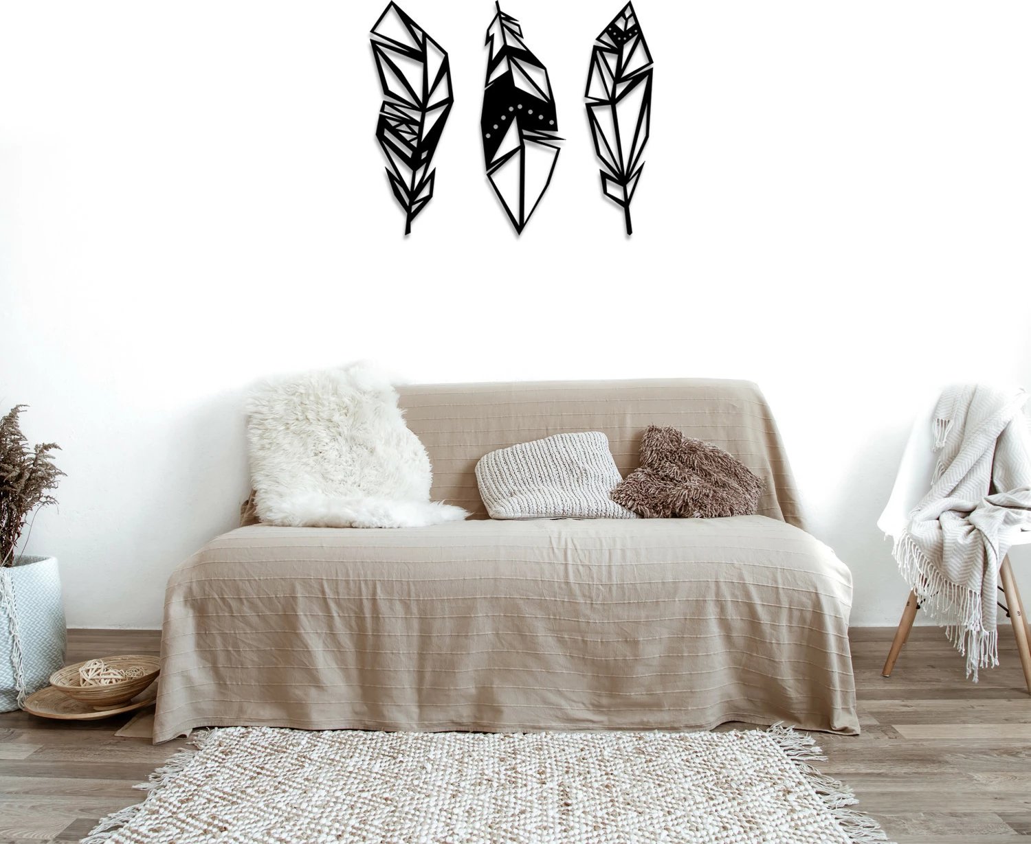 Aksesor dekorativ metalik për mur, Wallity, dekor pendë, ngjyrë e zezë