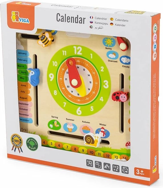 kalendar druri edukativ, Viga, orë analoge dhe mësim i muajve, ditëve, stinëve e motit, 300x300 mm, multicolor