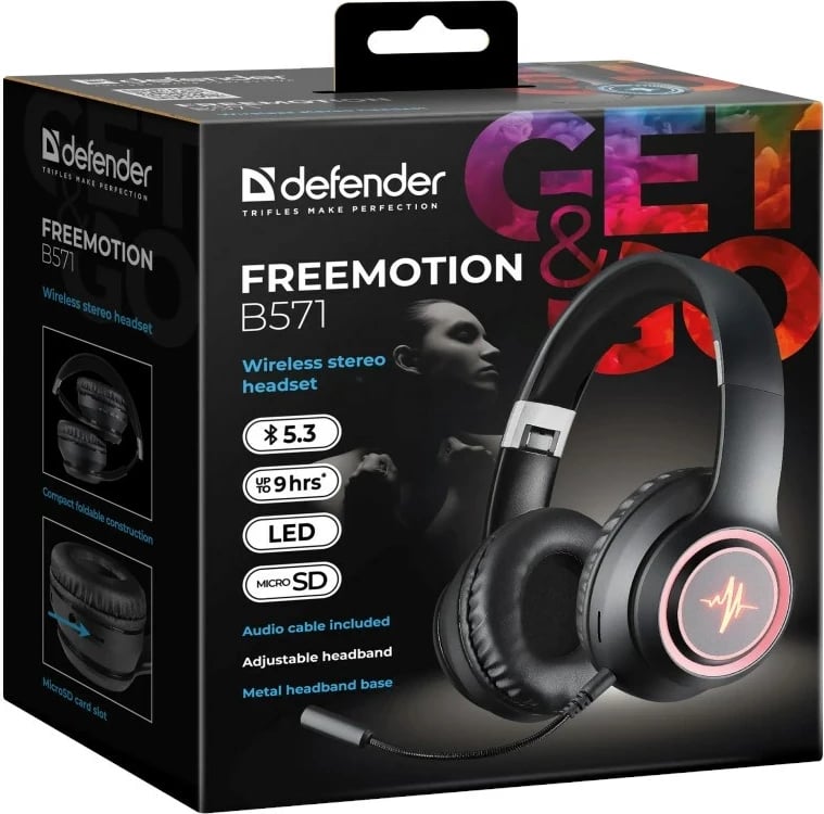 Kufje Defender Bluetooth Freemotion B571, LED, Të zeza