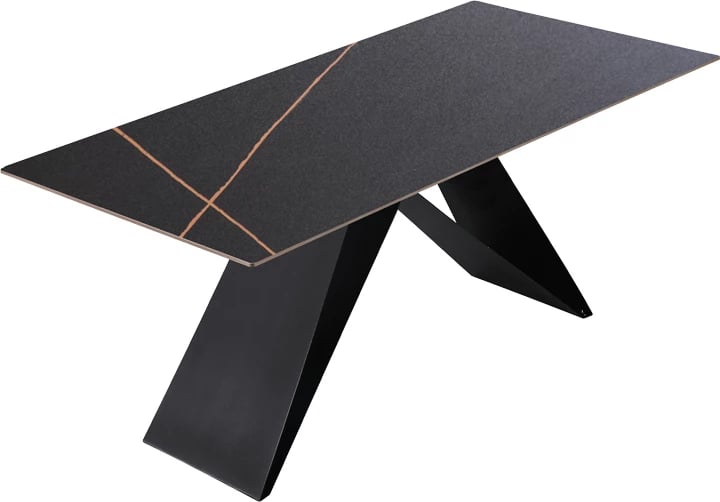 Tavolinë me sipërfaqe prej guri të sinterizuar, këmbë metalike, ngjyrë e zezë, 180x90x76cm