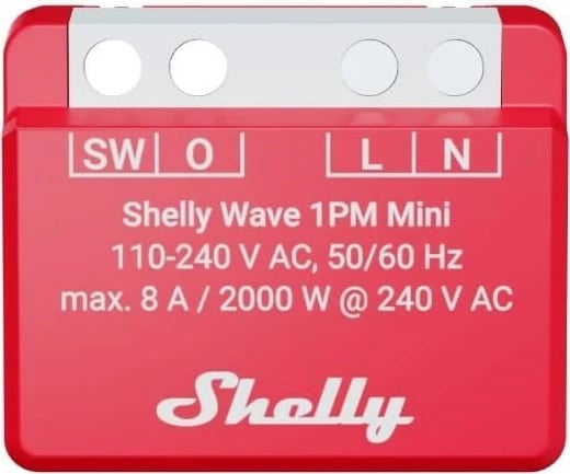 Relé inteligjente Shelly Wave 1PM Mini LR, wireless, 110-240V AC, e kuqe