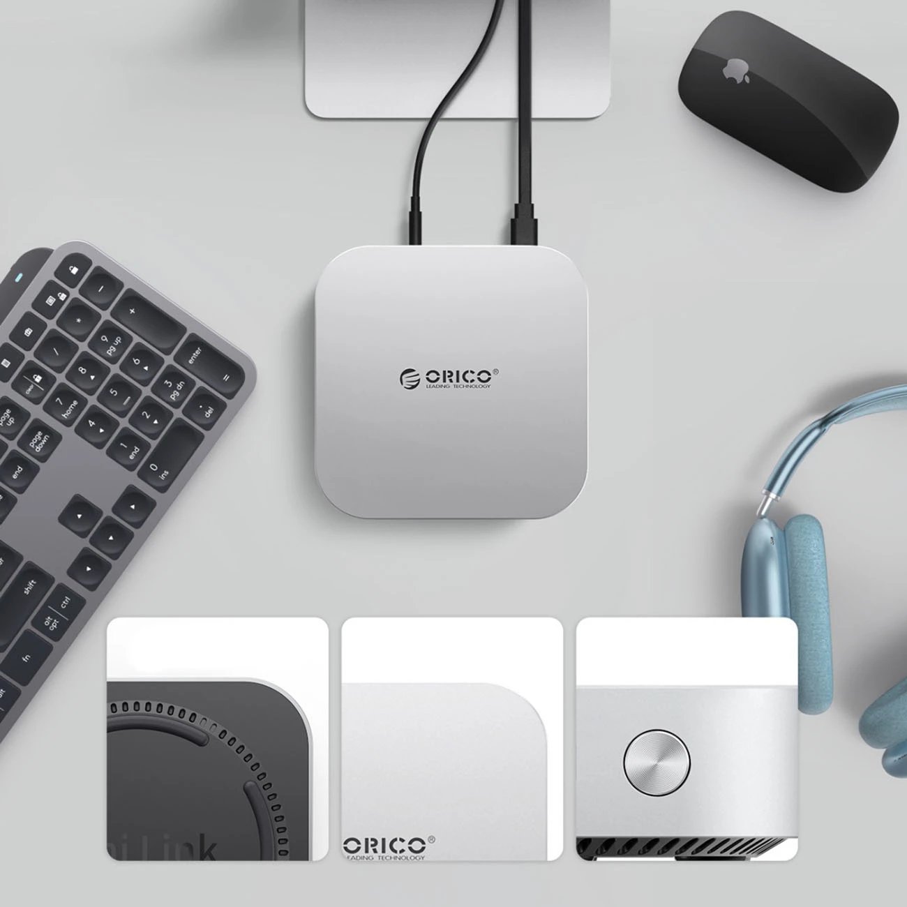 Docking station, Orico MiniLink, 9-në-1 me bay M.2 SSD NVMe, USB-C, për Mac mini/PC, argjendtë