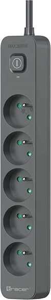 Zgjatës me mbrojtje nga mbitensioni Tracer TRALIS47023 5 priza Type E, kabllo 1.8 m, 3680 W, çelës me dritë, grafit