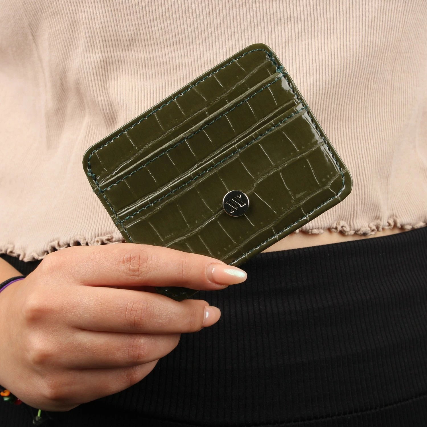 Portofol lëkure, mbajtës kartelash, ngjyrë kaki, Zoozie Bags, 2729