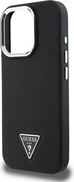 Mbështjellës Guess Grained Triangle MagSafe për iPhone 16 Pro, zi