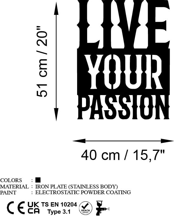 Aksesor dekorativ metalik për mur, Wallity, Live Your Passion, ngjyrë e zezë, 40x51cm