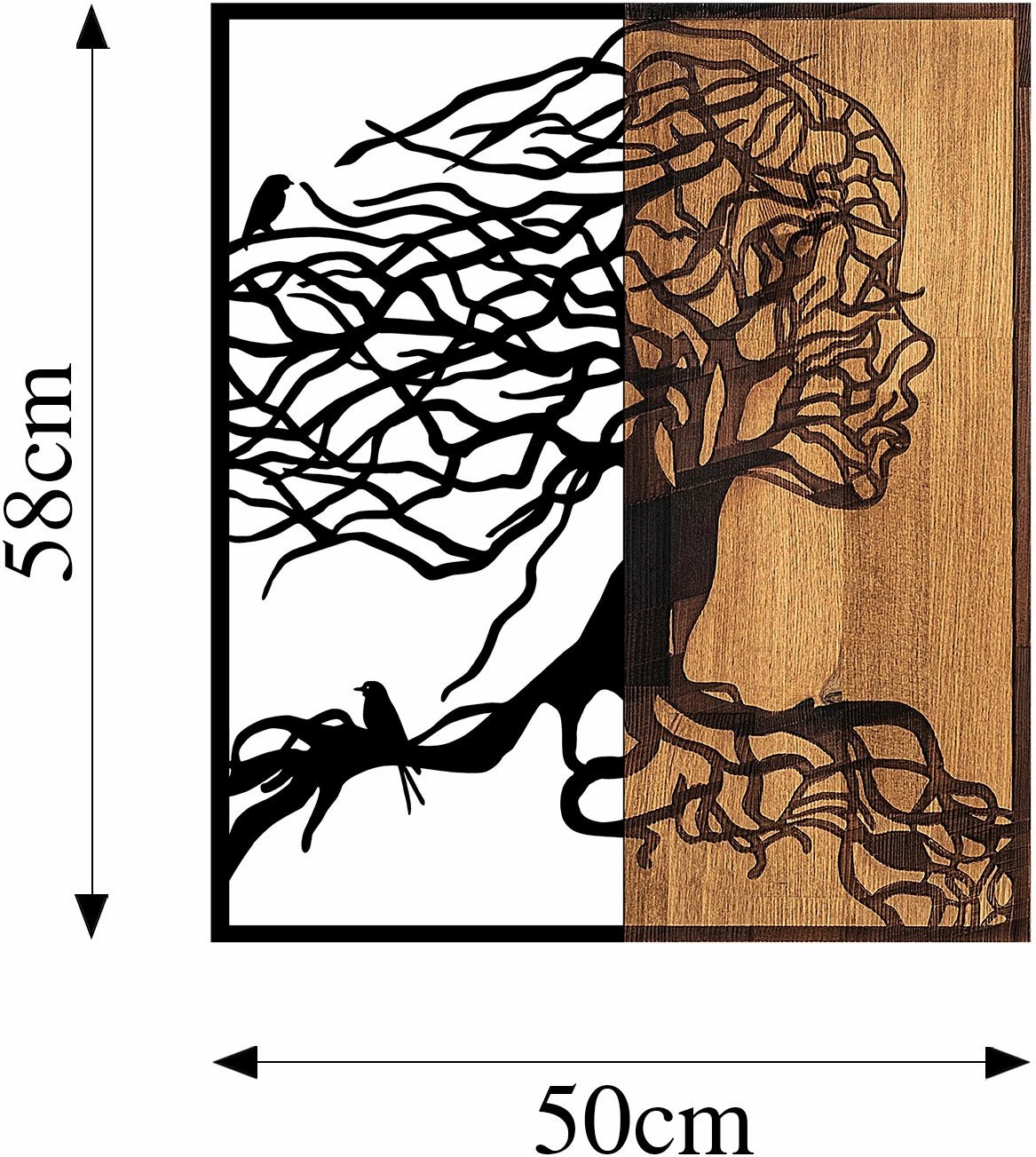 Aksesor dekorativ për mur, dru dhe metal, ngjyrë e zezë dhe arre, Wallity, pemë grua, 50x3x58cm