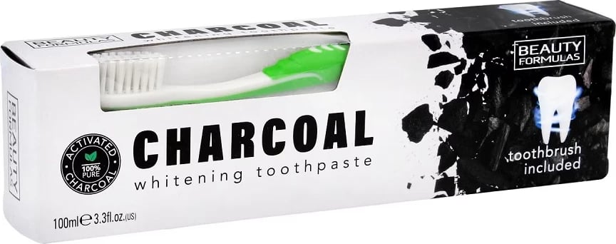Pastë dhëmbësh me karbon Beauty Formulas Charcoal Whitening 100ml + furçë dhëmbësh 1 copë