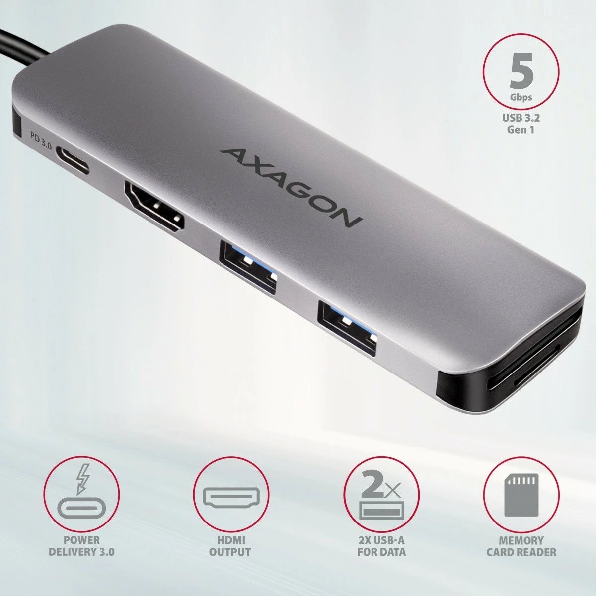 Adapter multiport AXAGON HMC-5, 5 porte, USB-C, HDMI 4K, SD/microSD, Power Delivery 100W, 20cm, zi/gri
