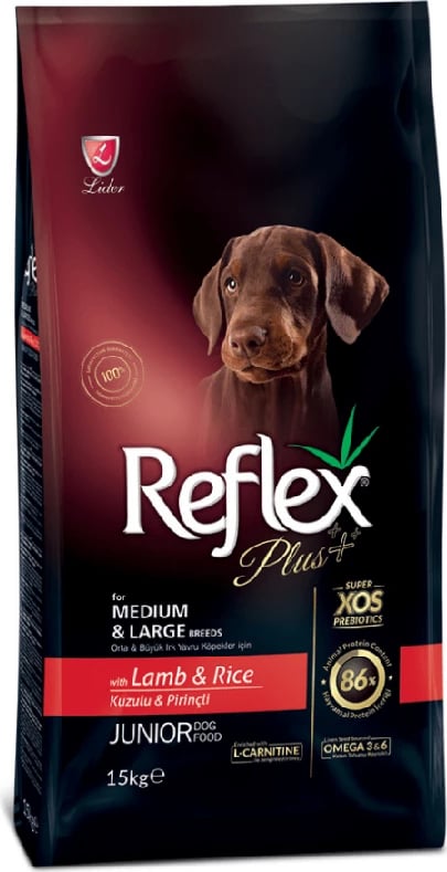Ushqim për qen të vegjël Reflex Plus, me qengj dhe oriz, për racat e mesme dhe të mëdha, 15 kg