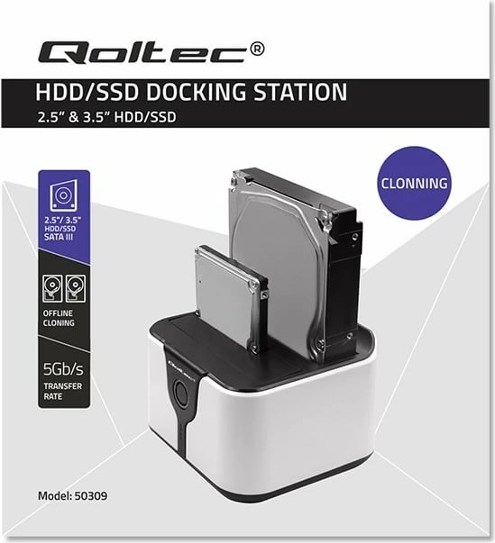 Stacion dokimi Qoltec 50309 për HDD/SSD 2.5"/3.5", USB 3.0, funksion klonimi, zi/bardhë