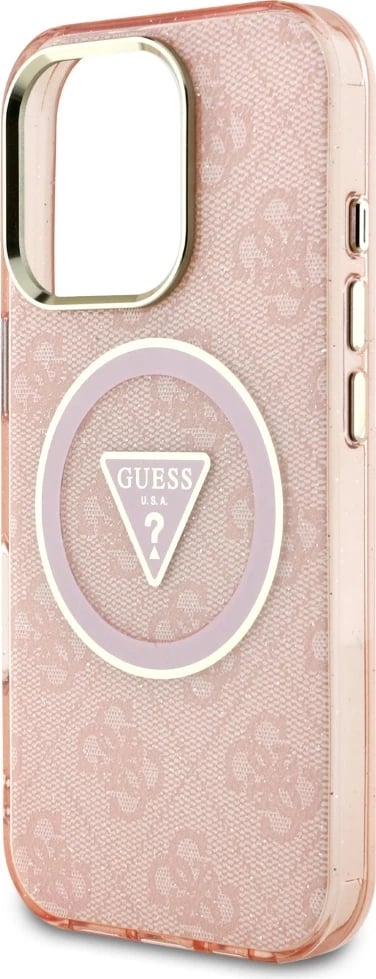 Mbështjellës Guess IML Metal Glitter 4G Circle Triangle MagSafe për iPhone 16 Pro Max, Rozë