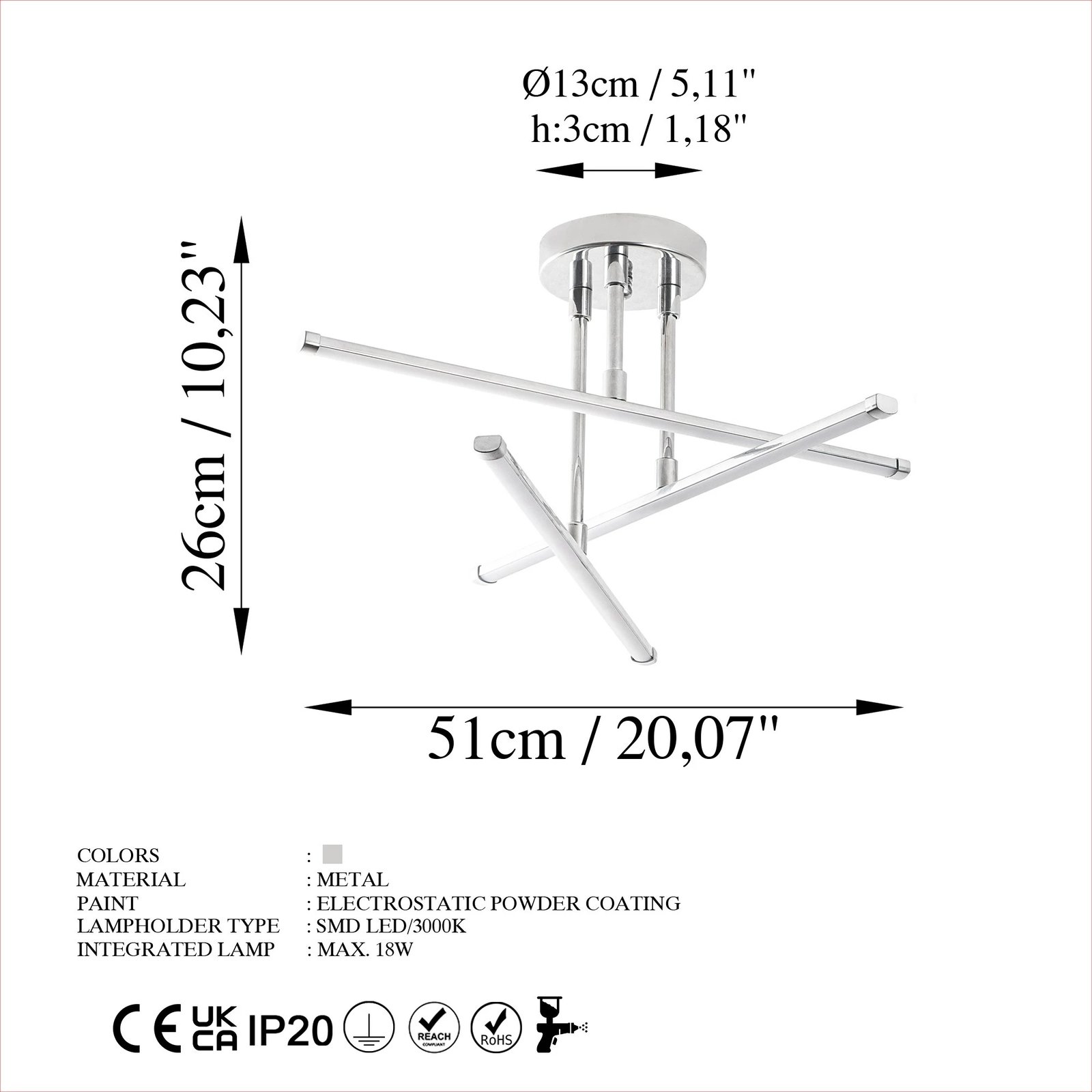 Llambë tavani Opviq, Ledflower-13652, krom, 51x26cm