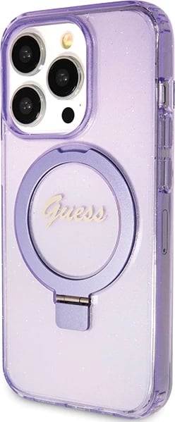 Mbështjellës Guess Ring Stand Script Glitter MagSafe për iPhone 15 Pro, vjollcë