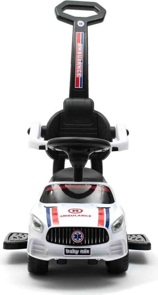 makinë shtytëse (ride-on), Baby Mix, AMBULANCE, me panel zëri dhe shufër drejtimi, rrota të përparme rrotulluese, 12m+, ngarkesë 25 kg, e bardhë