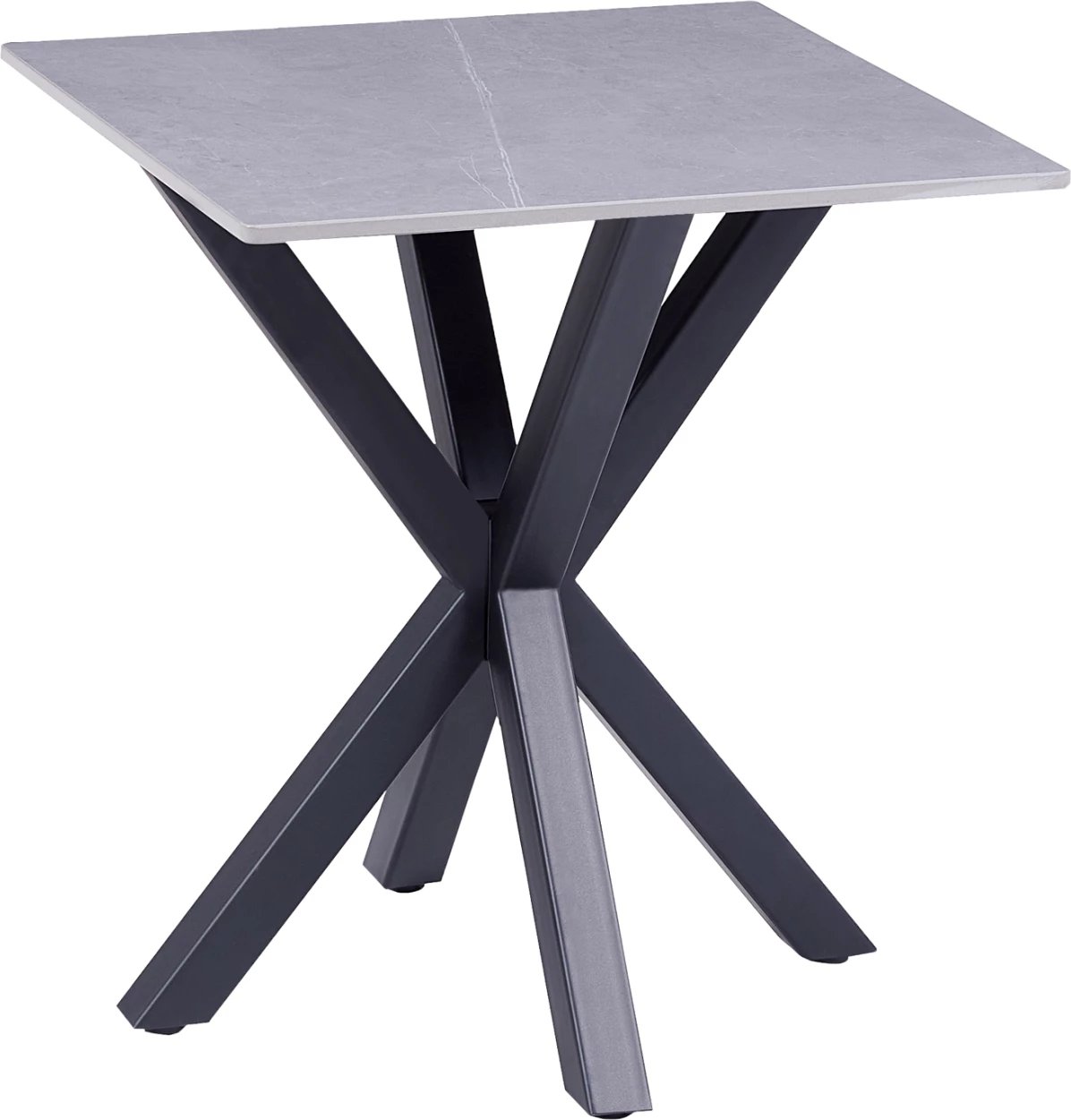 Tavolinë anësore, ngjyrë mermeri gri, sipërfaqe guri të sinteruar, bazë metalike e zezë, 50x50x55H cm
