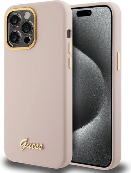 Mbështjellës Guess Silicone Script Metal Logo & Frame për iPhone 15 Pro Max, Rozë
