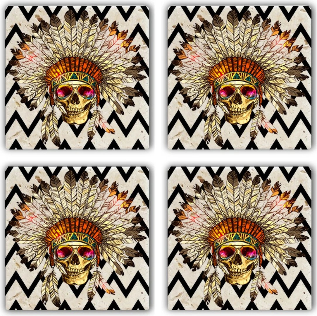 Set 4 copë mbajtëse gotash prej guri natyral, dizajn me kafkë dhe pupla, TBA4475944424