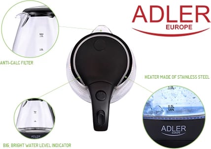 Çajnik elektrik xhami, Adler AD 1224, 1.5 L, 2200W, ndriçim LED, i zi