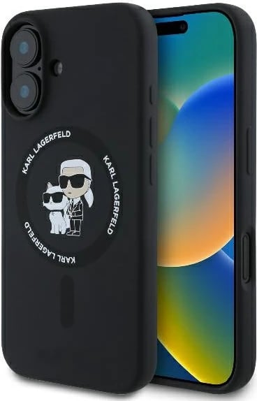 Mbështjellës Karl Lagerfeld Silicone KC Heads Ring MagSafe për iPhone 16 Plus, i zi