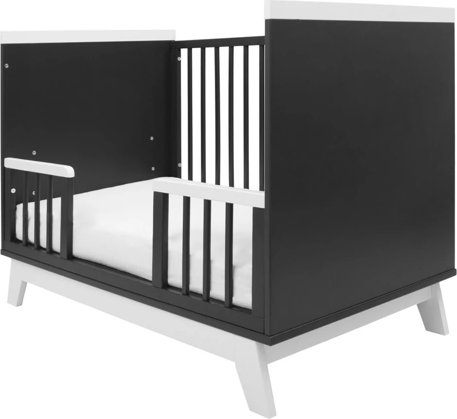 Krevat bebe, New Baby, Marcus 120x60 cm, kornizë pishe, 3 nivele të bazës, barrierë sigurie, funksion divani, grafit/bardhë