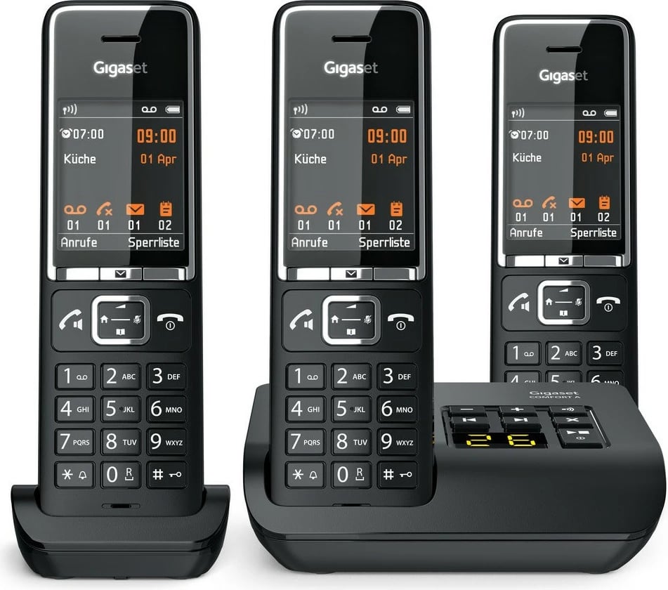 Telefon pa tela Gigaset COMFORT 550A, 3 dorëza, regjistrues automatik, 200 kontakte, i zi Telefon pa tela Gigaset COMFORT 550A, 3 dorëza, regjistrues automatik, 200 kontakte, i zi