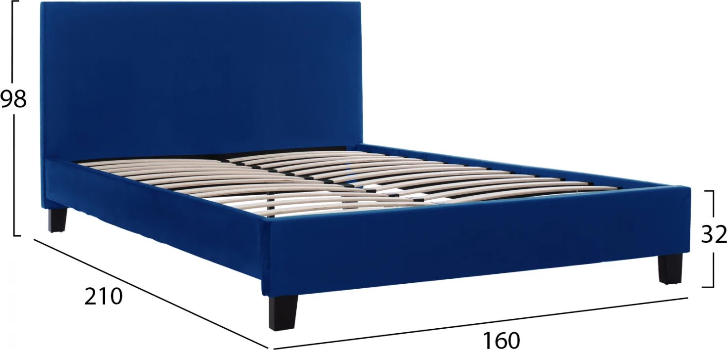 Krevat blu kadife BECCA FH553.18 për dyshek 150x200 cm