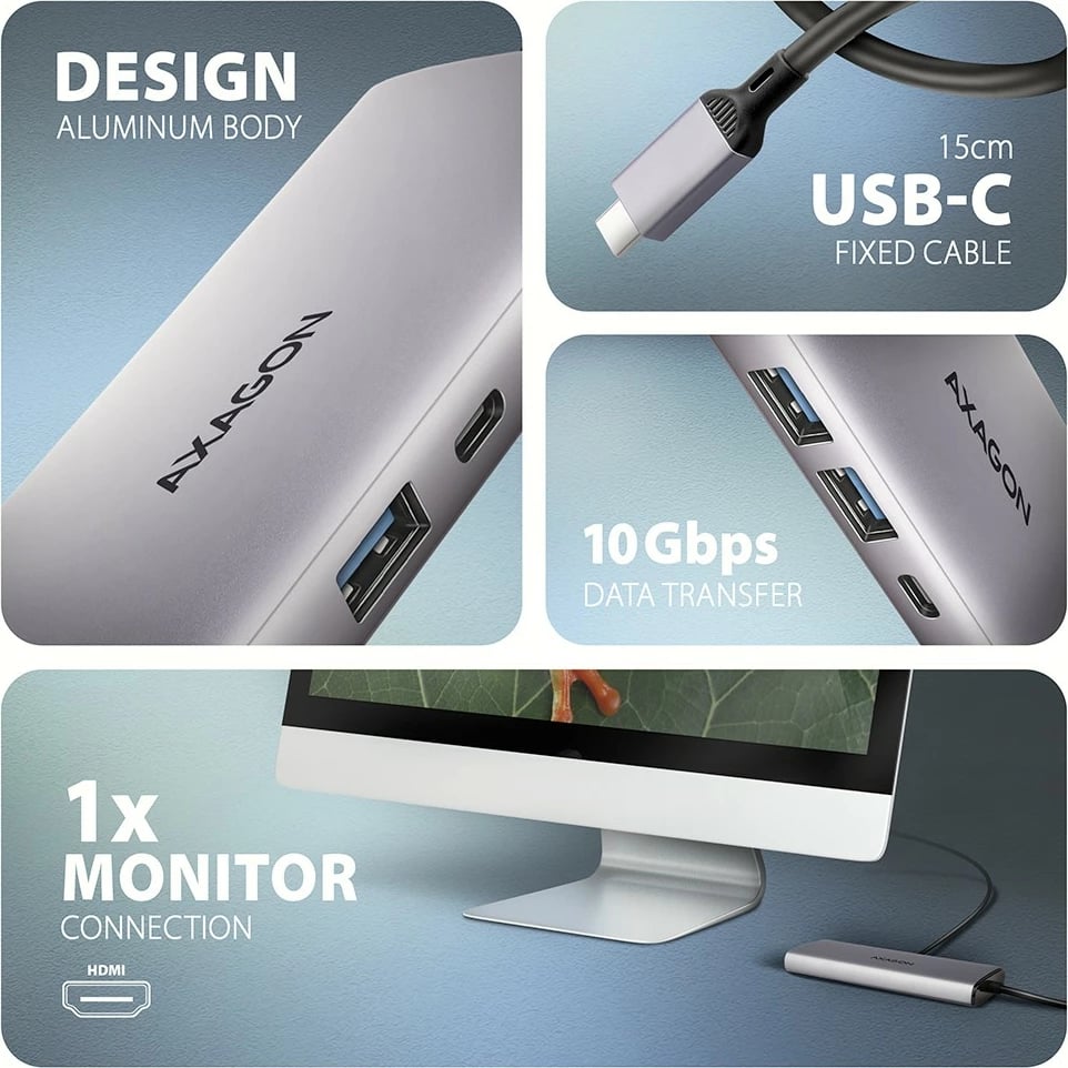 Hub USB-C AXAGON HMC-6G2L 6-në-1, 10Gbps, HDMI 4K/60Hz, PD 100W, Gri