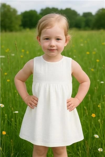 Fustan muslini bebe vajzash, New Baby Elizabeth, 100% pambuk, pa mëngë, madhësi 86 (12-18m), i bardhë