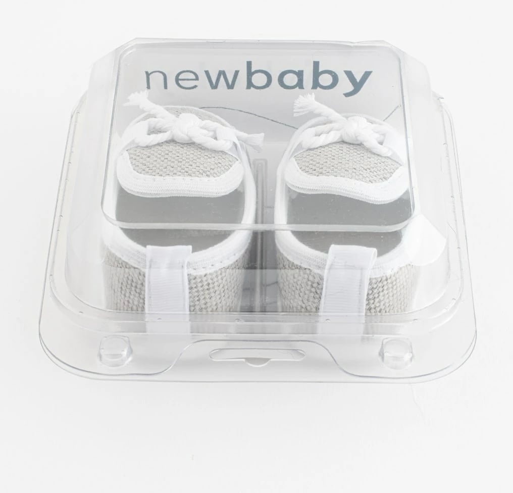 Papuçe bebe mocasina NEW BABY 0-3 muaj, taban sintetik i hollë PVC, gjatësi shtroje 10 cm, gri