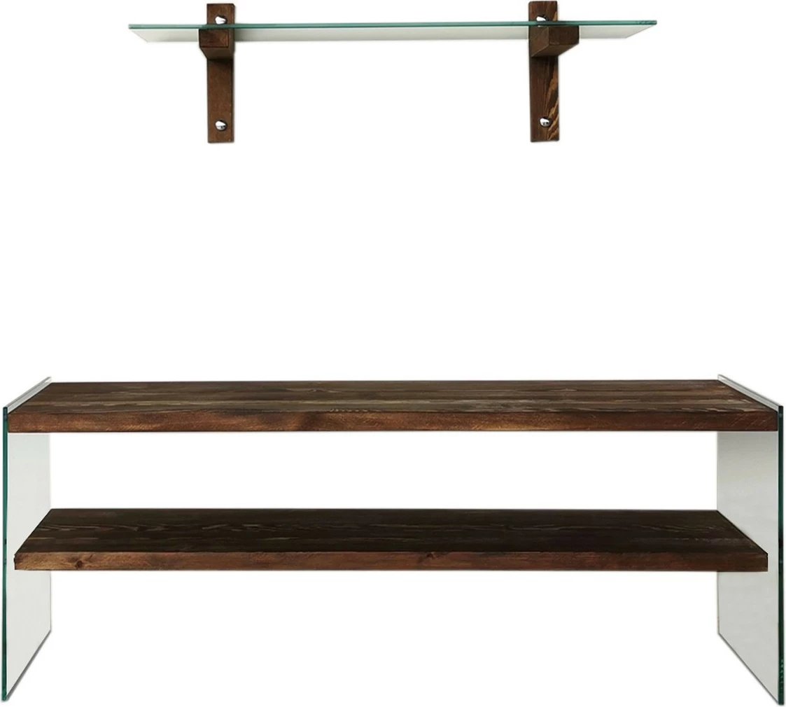 Set komodë TV me raft muri, dru i fortë pishe, xham i temperuar, ngjyrë arre, Hanah Home TV104