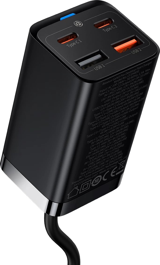 Karikues i shpejtë Baseus GaN3 Pro 65W, 2x USB Type-C, 2x USB, me kabllo USB-C 1m, Zi Karikues i shpejtë Baseus GaN3 Pro 65W, 2x USB Type-C, 2x USB, me kabllo USB-C 1m, Zi