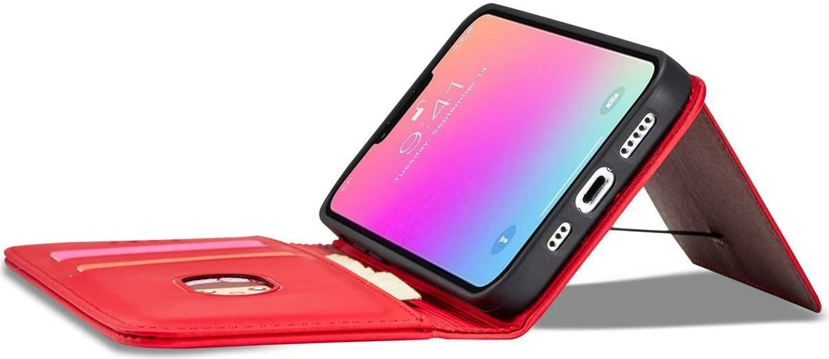 Mbështjellës magnetik Hurtel për iPhone 13 Pro Max, me kapak, xhep për karta, i kuq
