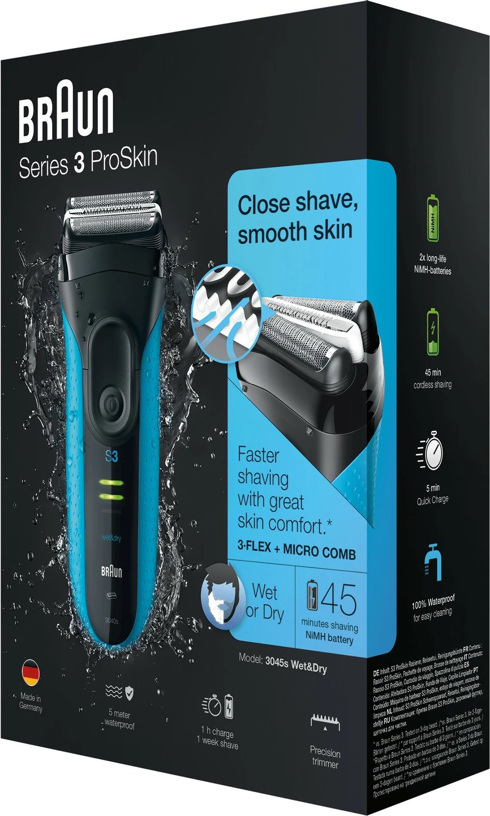 Makinë rroje Braun Series 3 ProSkin 3045s, Foil shaver, LED, NiMH, e zezë, blu Makinë rroje Braun Series 3 ProSkin 3045s, Foil shaver, LED, NiMH, e zezë, blu