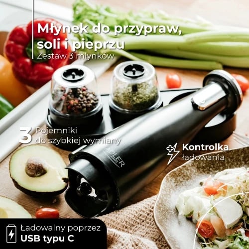 Mulli elektrik për kripë dhe piper, Adler AD 4449, rregullim trashësisë, kapacitet 150 ml, bateri 1500mAh, USB-C, e zezë mat, set 3 mullinj