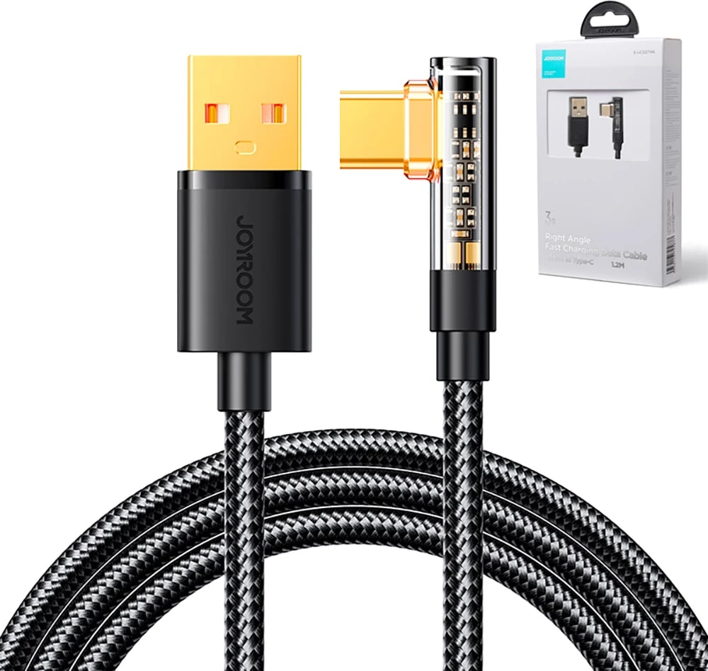 Kabllo USB-C me kënd 90°, Joyroom S-UC027A6, 1.2m, 3A, e zezë