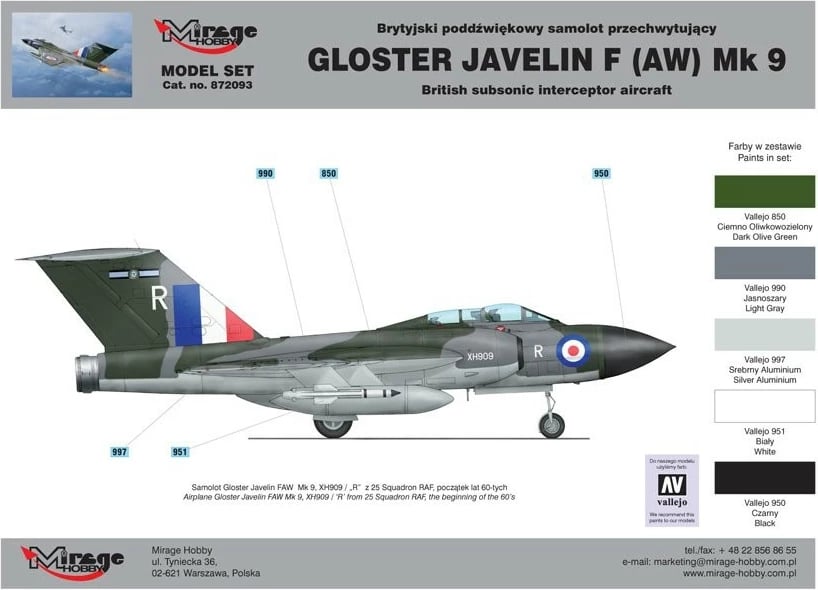 Set model aeroplani Mirage Gloster Javelin F Mk9, 1:72, plastik, me ngjyra dhe aksesorë