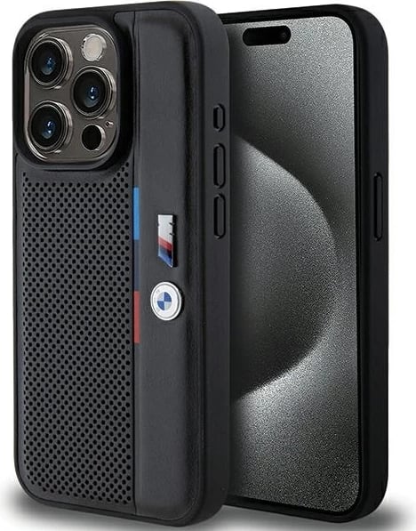 Mbështjellës BMW Perforated Tricolor Line për iPhone 15 Pro, i zi