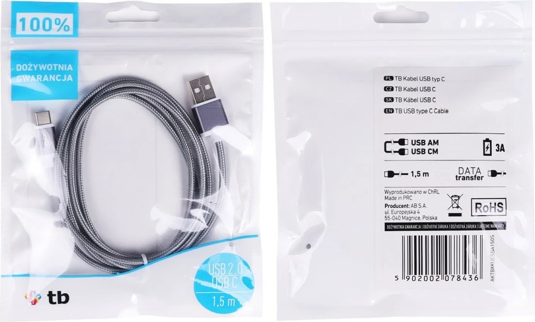 Kabllo USB në USB Type-C TB AKTBXKUCSBA150S, 1.5m, Gri