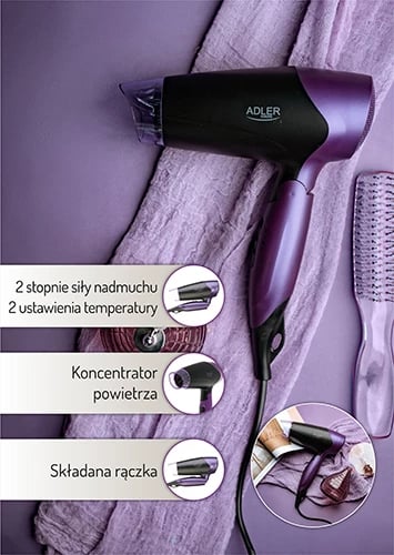 Tharëse flokësh, Adler AD 2260, 1600W, 2 temperatura 2 shpejtësi, dorezë palosëse, cool-shot, me koncentrator, e zezë e vjollcë