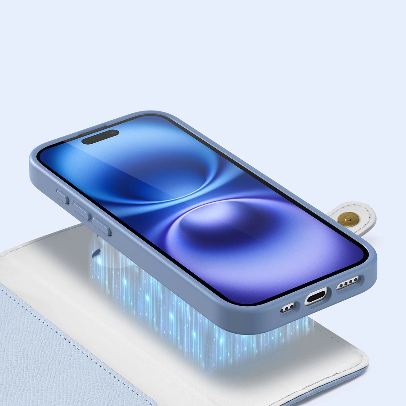 Mbështjellës Dux Ducis Lawa për iPhone 16, me portofol magnetik të ndashëm, lëkurë, kaltër
