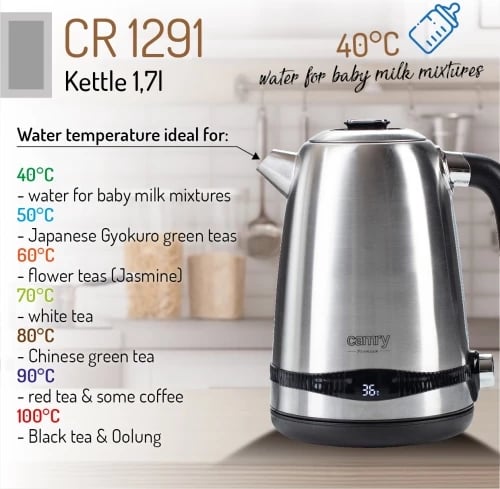 Çajnik elektrik, Camry, CR1291, 1.7L, ekran LCD dhe rregullim temperature 40-100°C, funksion Keep Warm 2h, 1850-2200W, inox